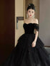 A-line Black Tulle and Velvet Layers Long Party Dress, Off Shoulder Black Prom Dress